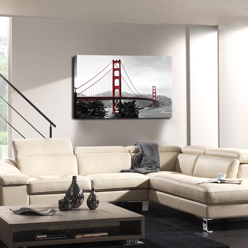 LevvArts Golden Gate Bridge Canvas Wall Art San Francisco Bridge Picture Painting Modern Black and White Red Home Wall Decoration -24"x 36" - Image 3